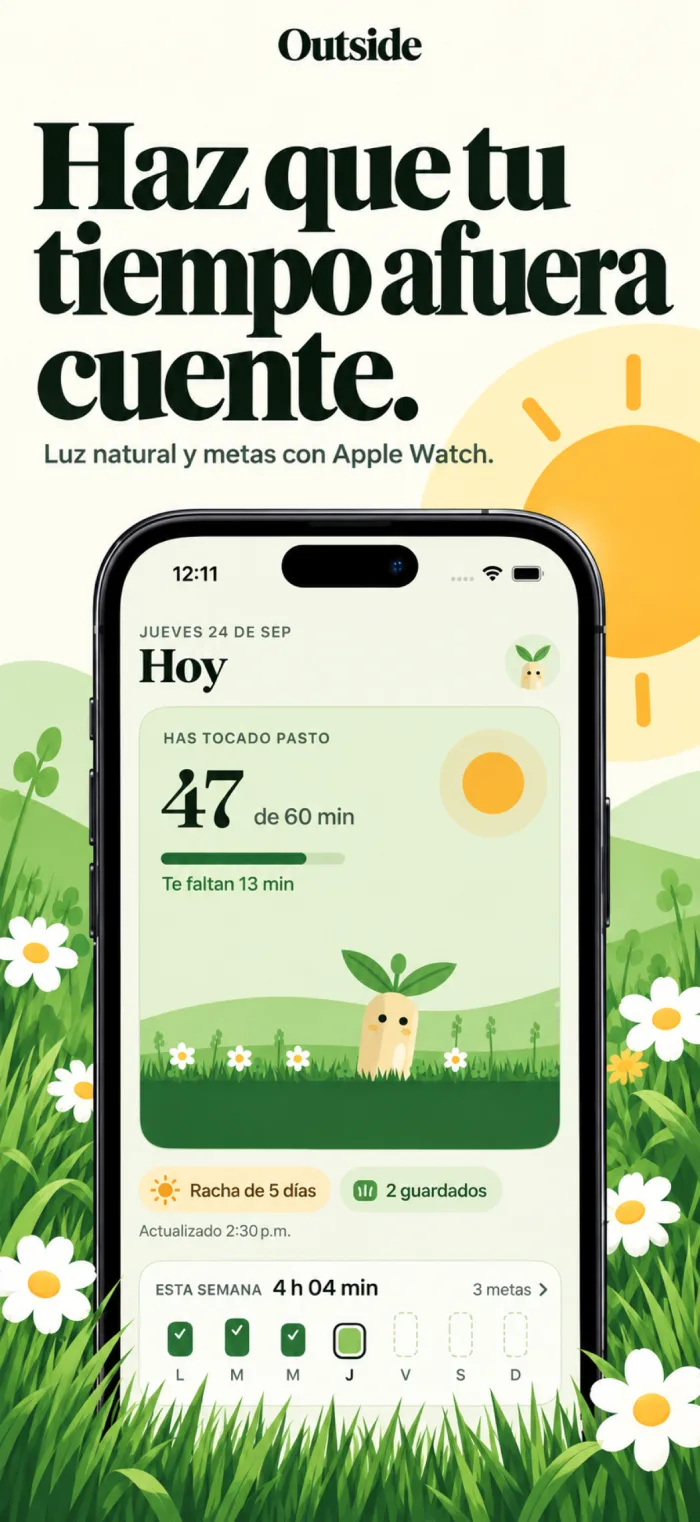 Pantalla Hoy de Outside con 47 de 60 minutos afuera y un brote como personaje en un prado